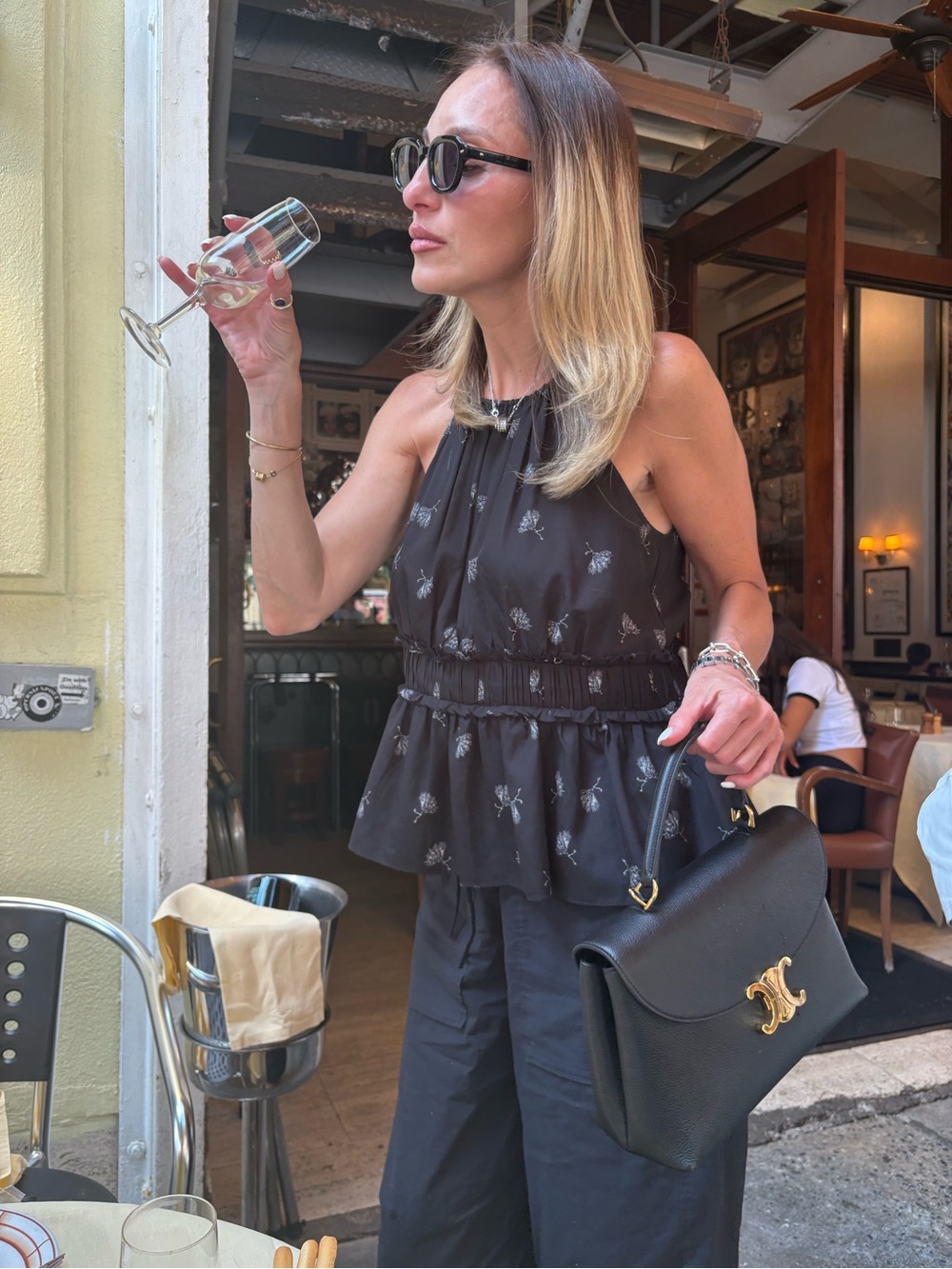 Joie Black Halter Top with Silver Floral Print